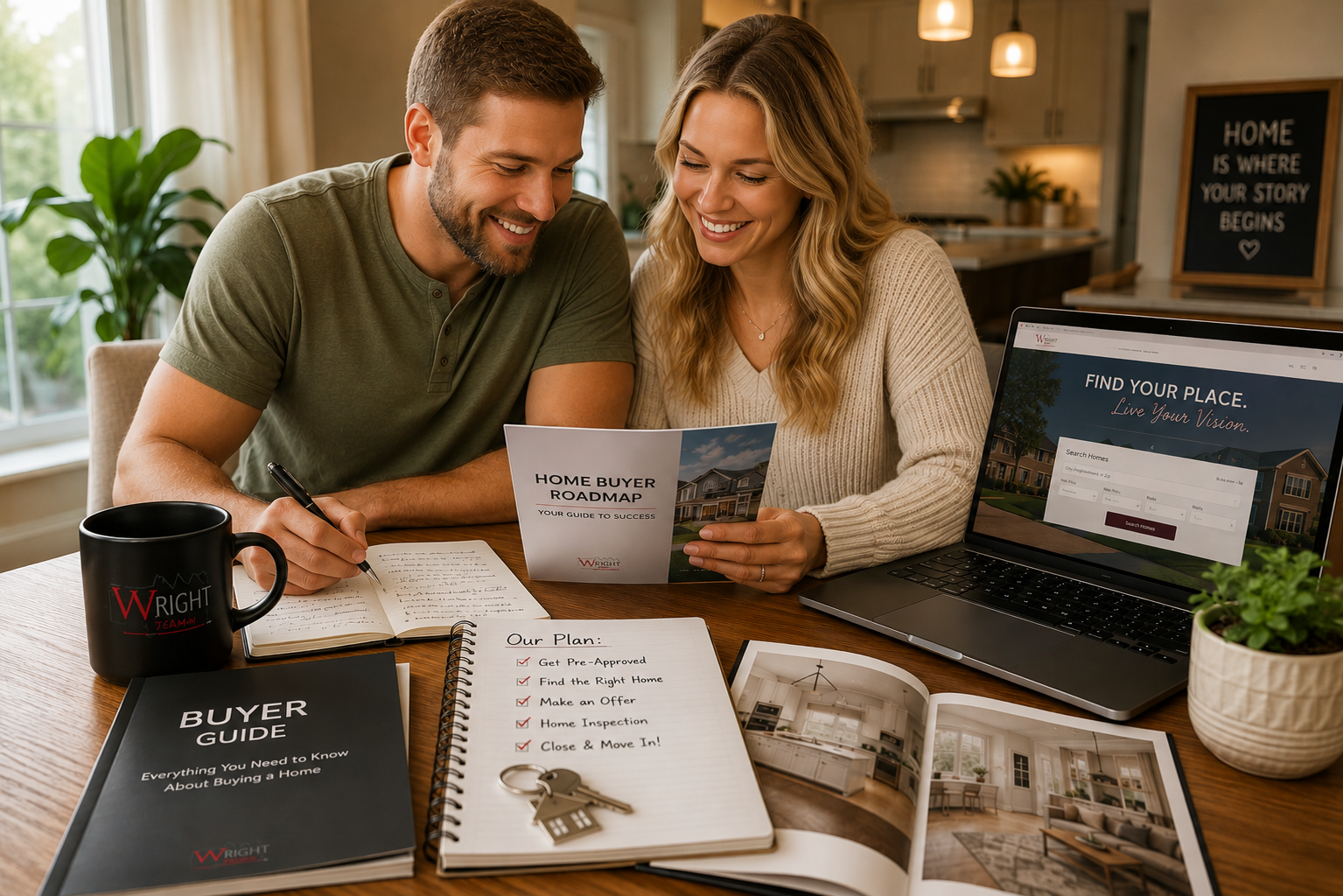 A couple reviewing a home buyer guide and their search plan at home