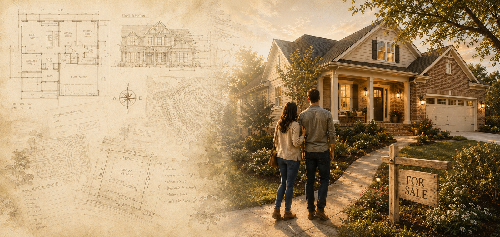 A couple standing on the walkway of a home with a For Sale sign in the front yard