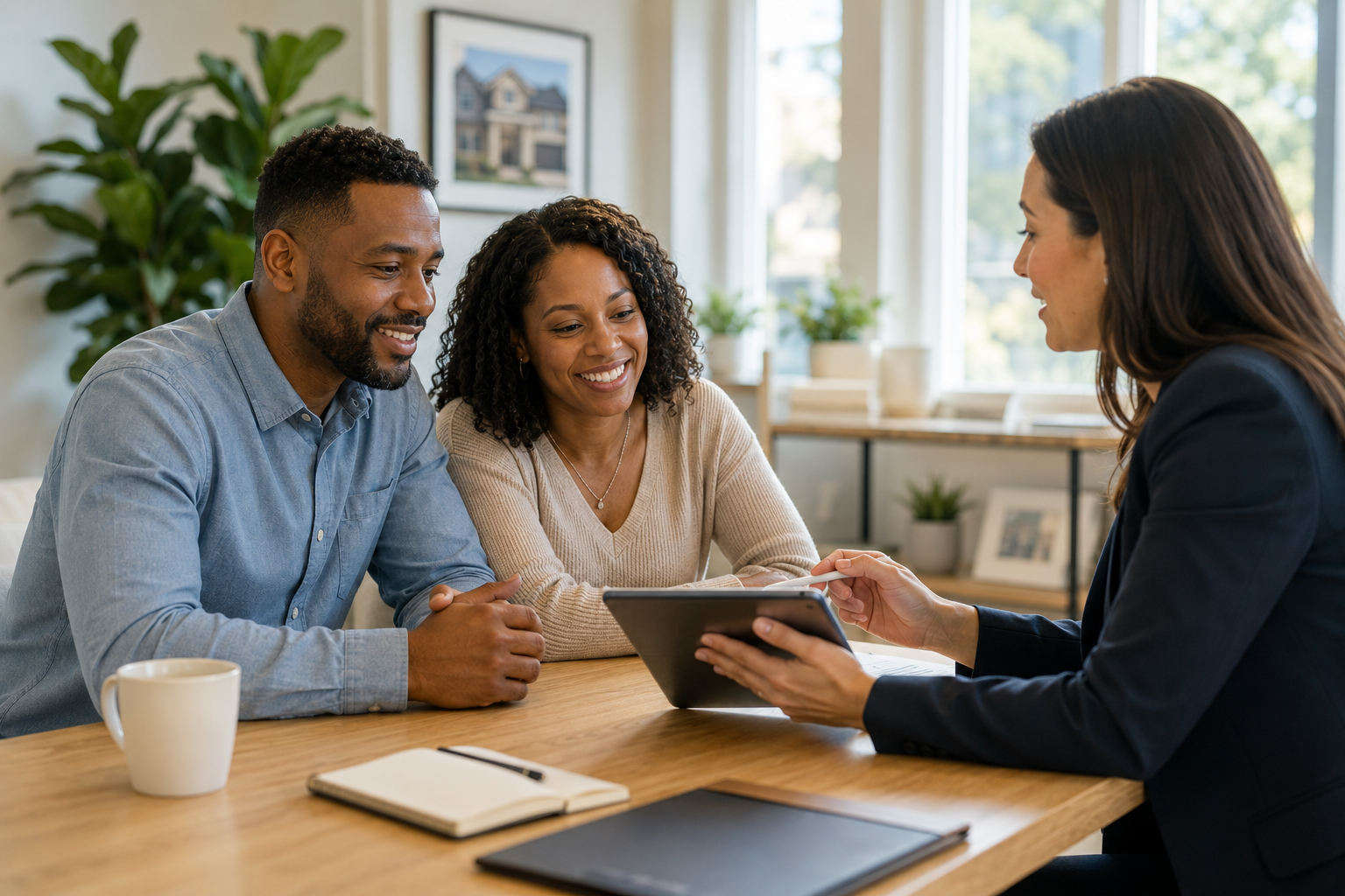 A couple reviewing financing options with a lender at a table