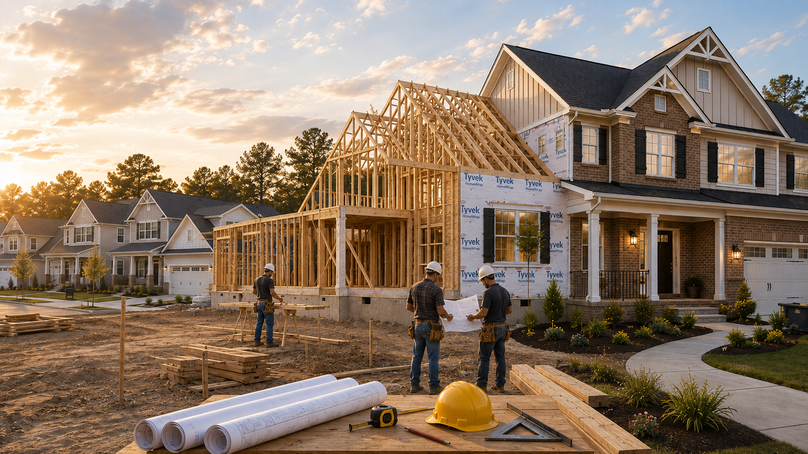 A new-construction home under framing with builders reviewing blueprints on site