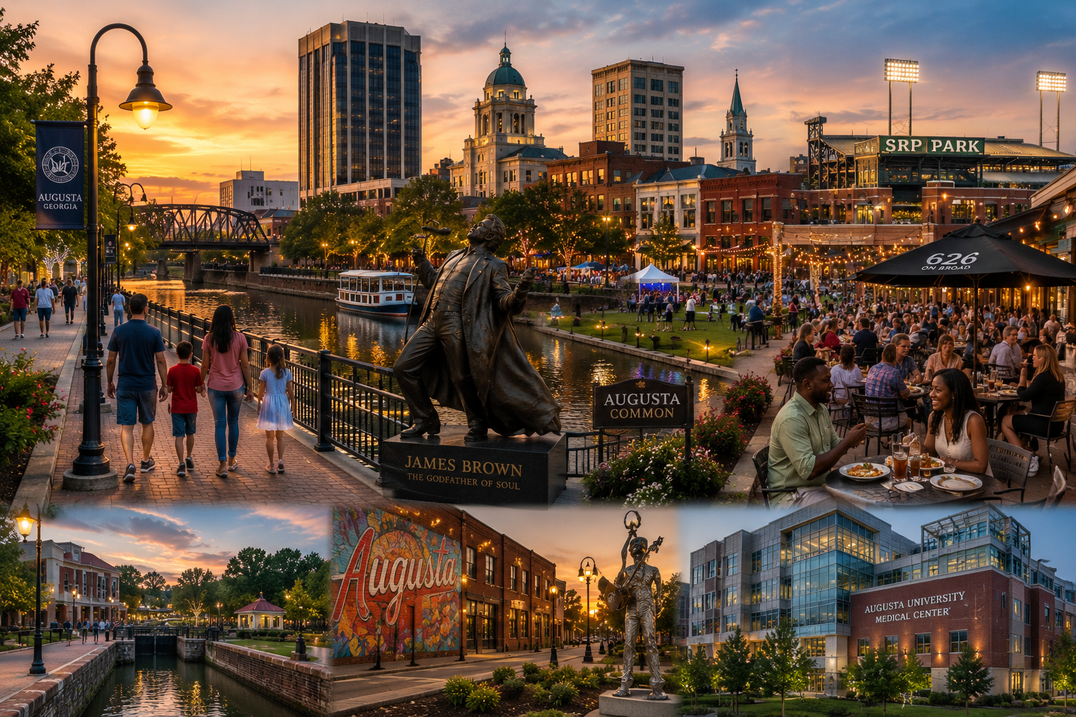 Downtown Augusta's Riverwalk and Augusta Common at dusk