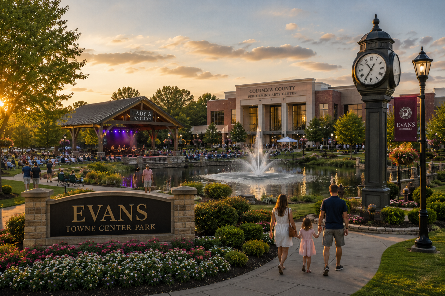 Evans Towne Center Park with the Columbia County Performing Arts Center and a fountain at dusk