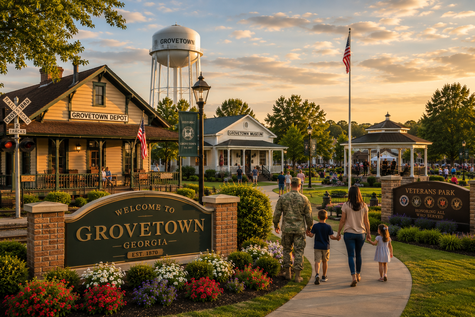 Downtown Grovetown, Georgia with the Grovetown Depot and welcome sign