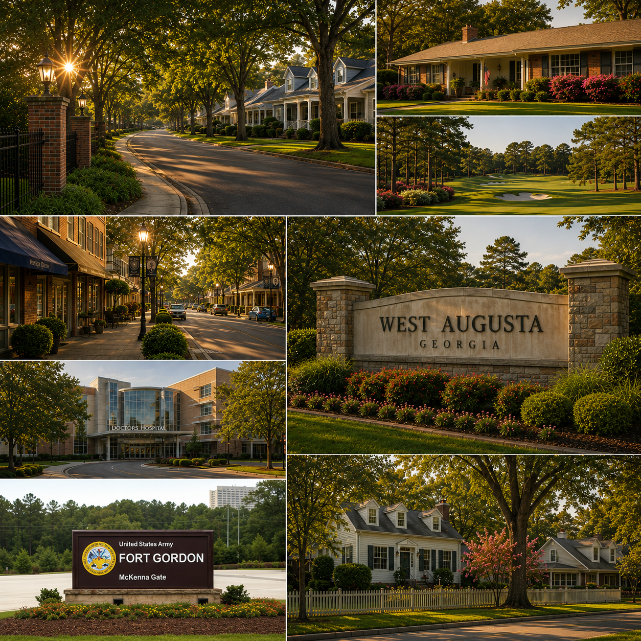 West Augusta collage featuring established neighborhoods, golf-area scenery, Doctors Hospital, and Fort Gordon access