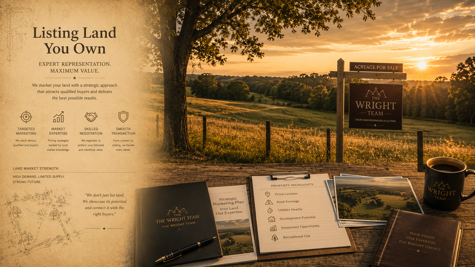 An acreage-for-sale sign posted on a rural property at sunset