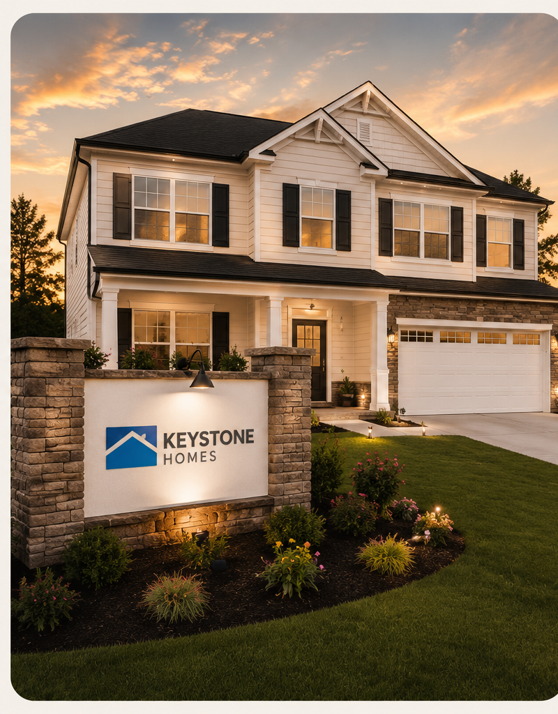 A Keystone Homes community sign in front of a two-story new-construction home at dusk