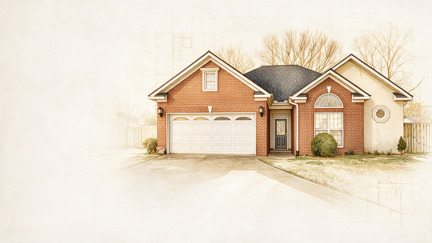 A brick single-story rental home with a two-car garage and manicured front lawn