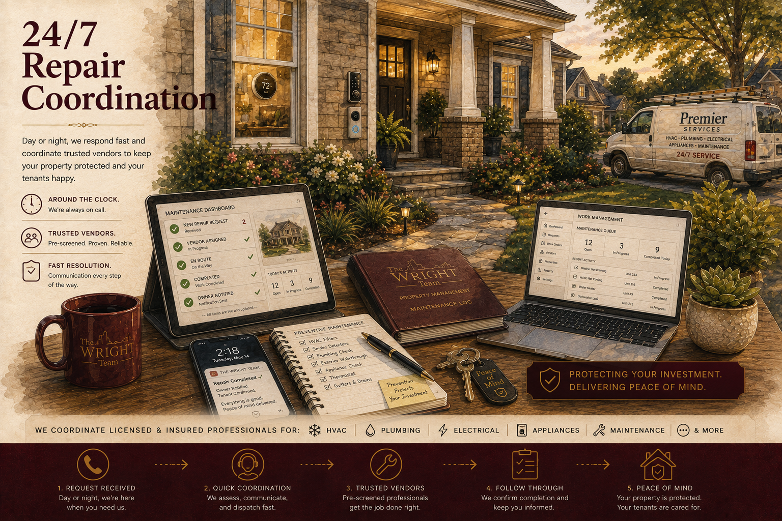 Property maintenance coordination dashboard with service vendor support
