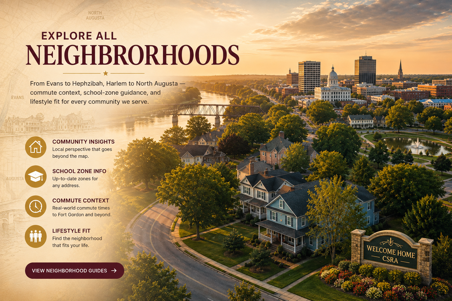 Augusta and CSRA neighborhood overview with community, commute, school-zone, and lifestyle guidance