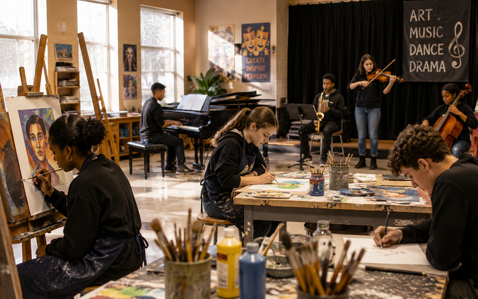 Students participating in visual art and music activities in a fine arts learning environment.