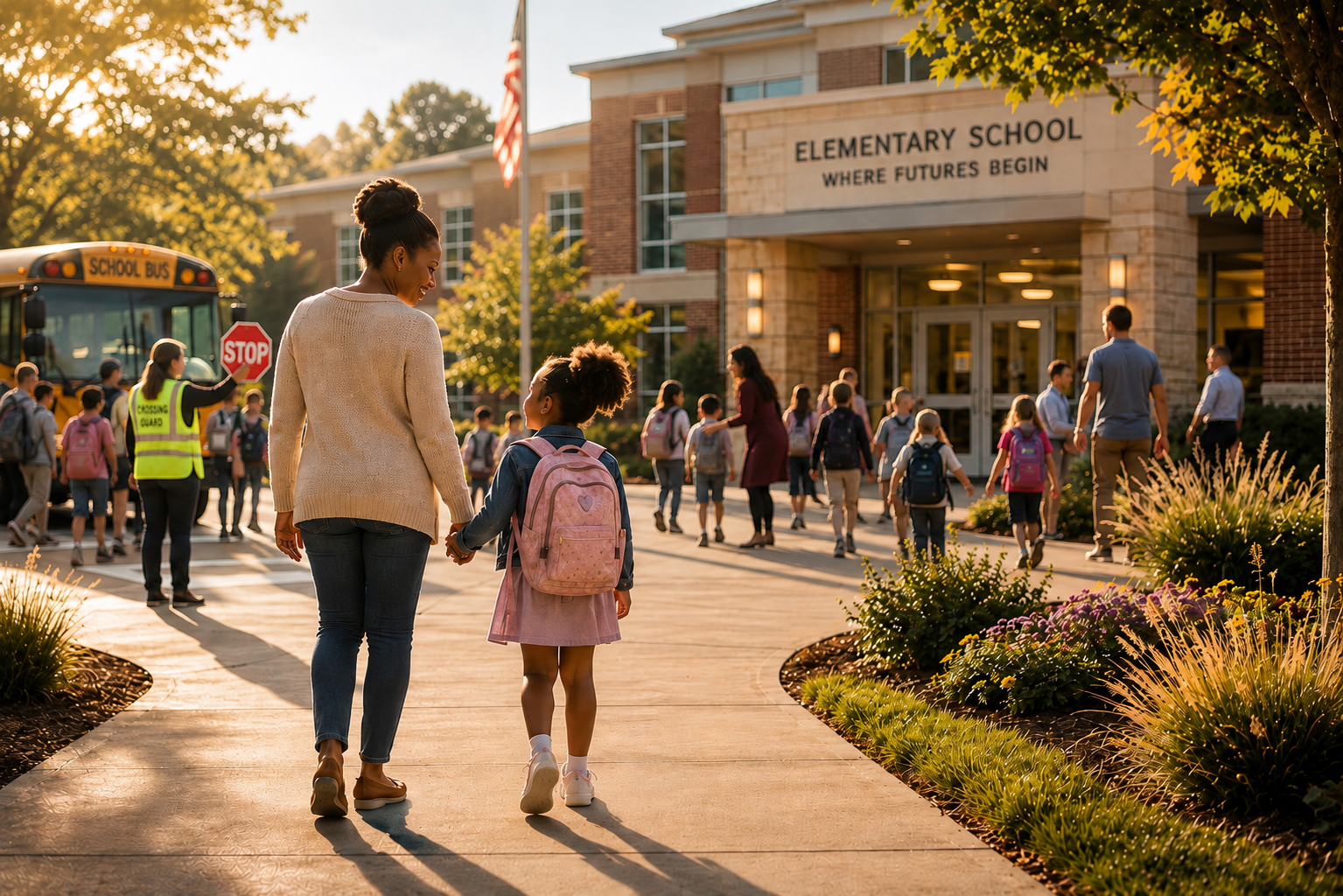 Parent walking a child toward an elementary school entrance in the CSRA during morning arrival.