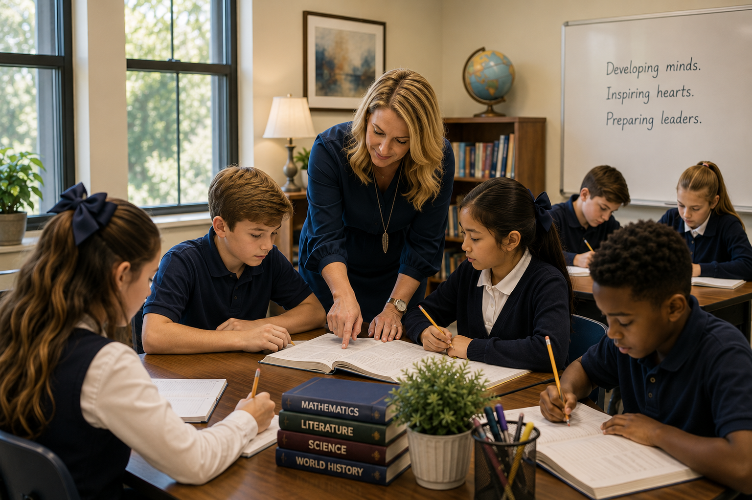 Teacher working with students in a small private-school classroom setting.