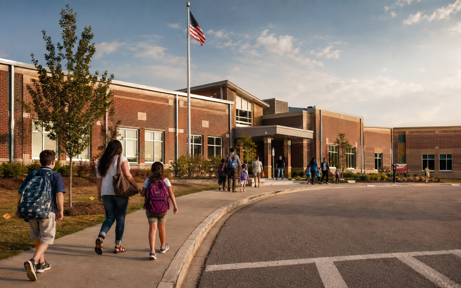 Families and students arriving at a public school campus in the Augusta area.