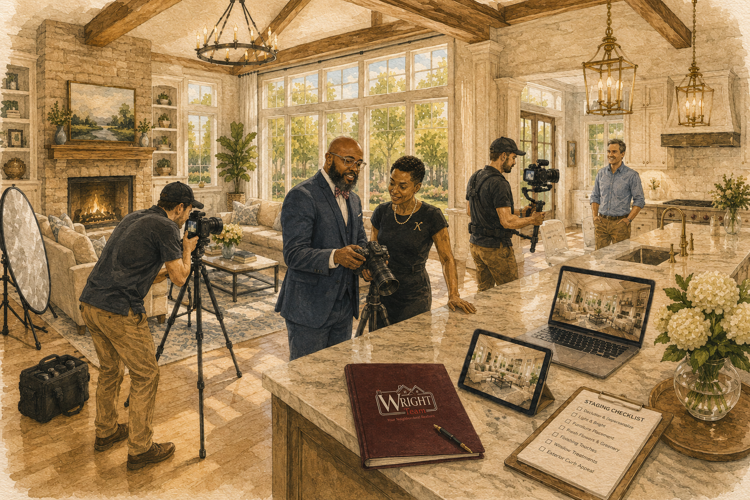 A photography and video crew shooting a listing's interior for marketing
