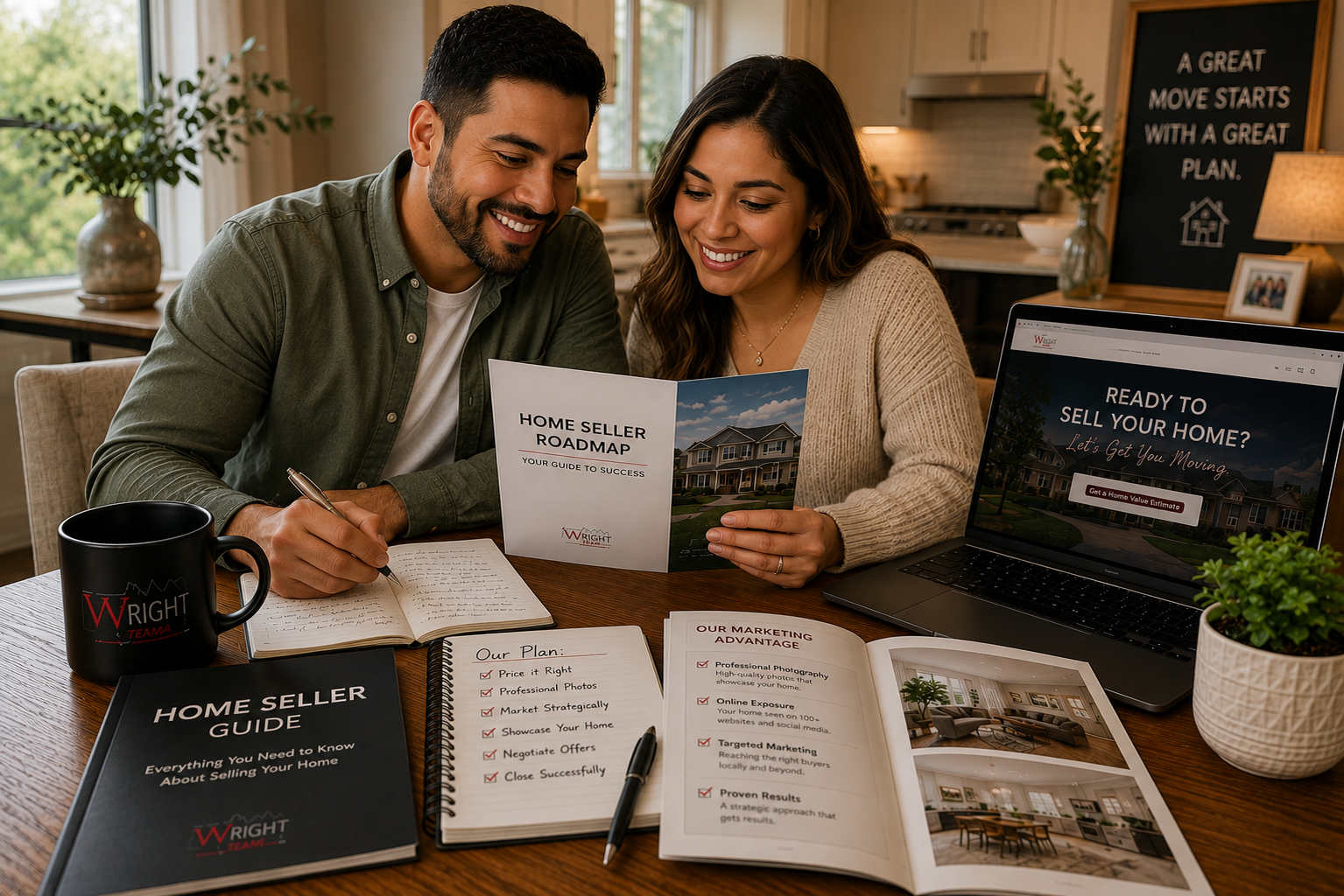 A couple reviewing their Wright Team home seller guide and marketing plan at home