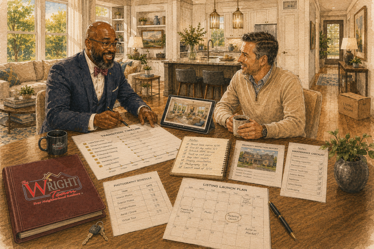 An agent meeting with a rental property owner to plan a sale timeline