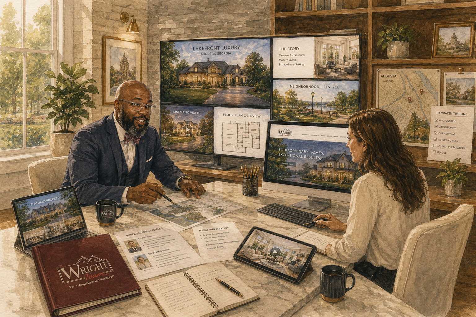 Agents reviewing a digital marketing campaign and listing strategy